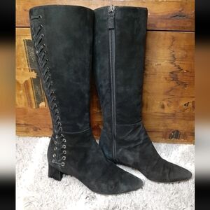 Aquatalia Black Suede Knee High Boots with Grommet Lace Up Detail 7
